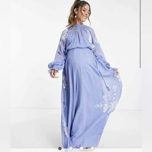 ASOS Design Blue Maternity High Neck Stencil Floral Embroidery Maxi size US 4